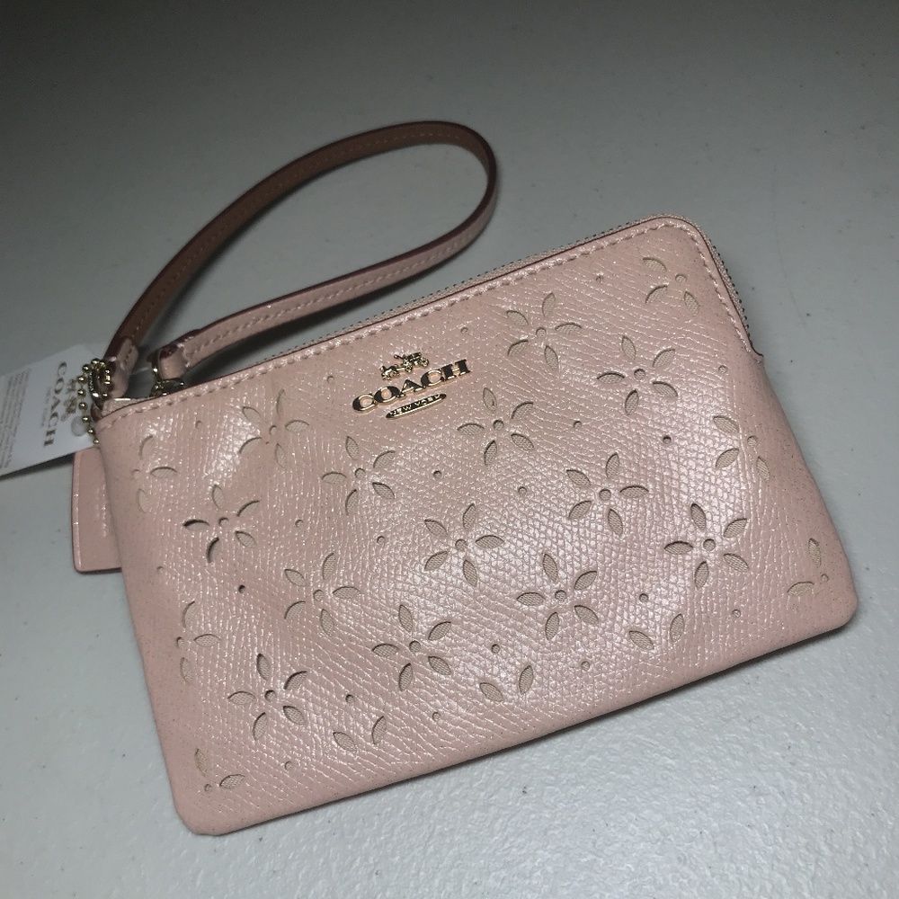 Coach Laser Cut Leather Corner Zip Wristlet Wallet